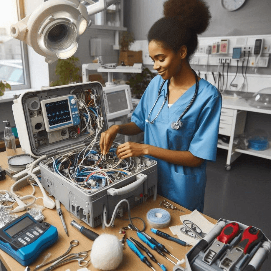 Biomedical technician working on medical equipment